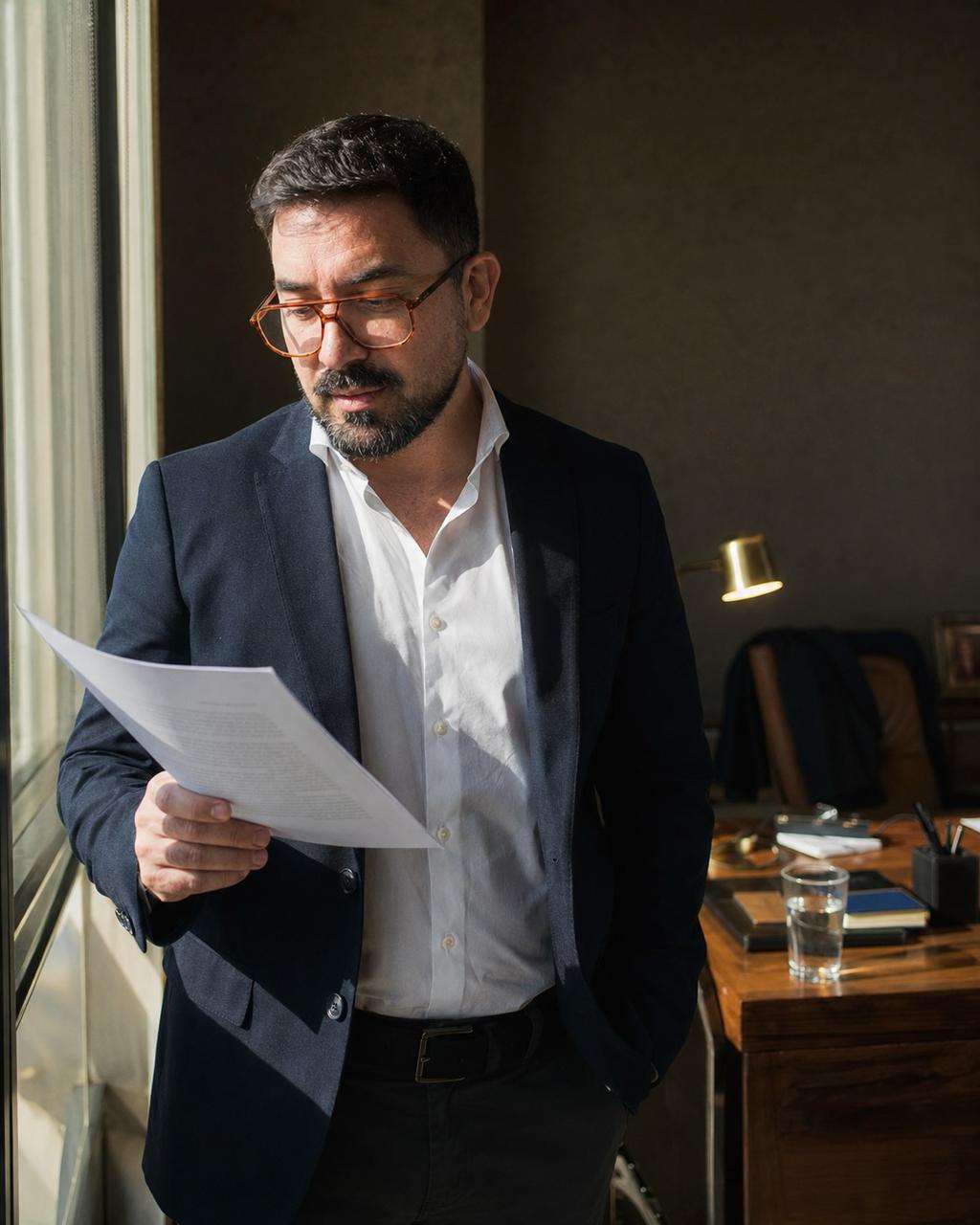 Ronald Barrios revisando un documento junto a la ventana